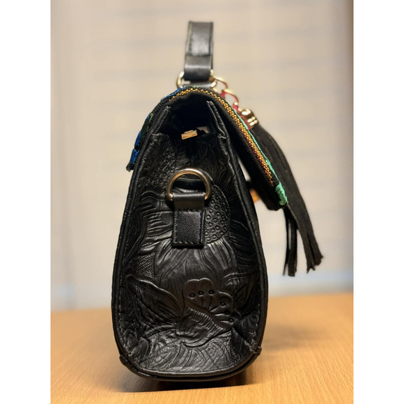 Floral Embroided Embossed Tooled Artisan LEATHER Crossbody Bag Purse - Black - Picture 6 of 16
